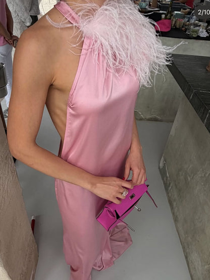 Halter Neck Feather Backless Satin Maxi Dress