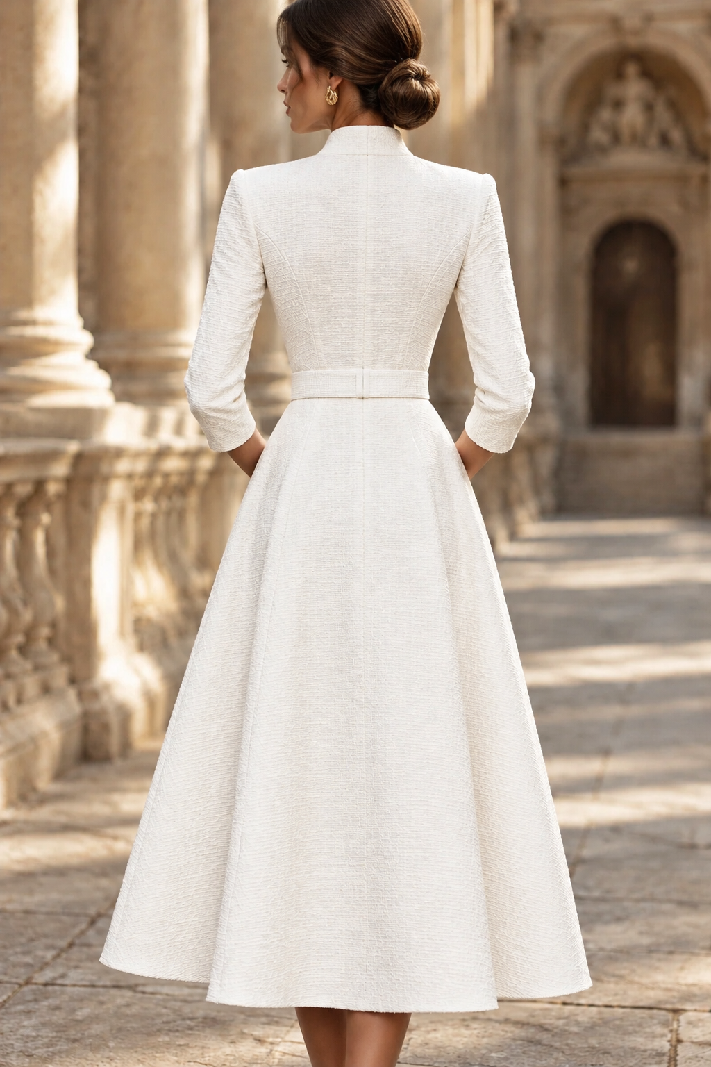 Belted A-Line Midi Dress with Stand Collar