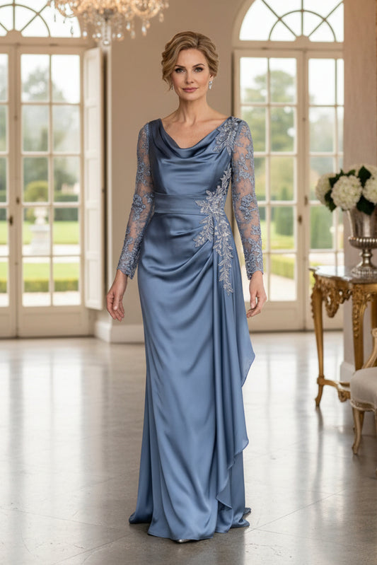 Long Sleeve Lace Applique Satin Evening Gown
