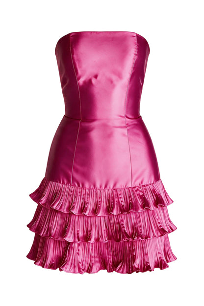 Strapless Tiered Pleated Mini Dress with Back Bow
