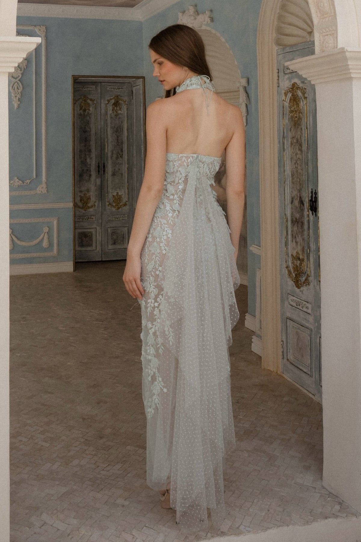 Halter High-Neck Embroidered Sheath Gown
