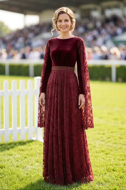 Velvet and Lace Cape-Sleeve Maxi Dress