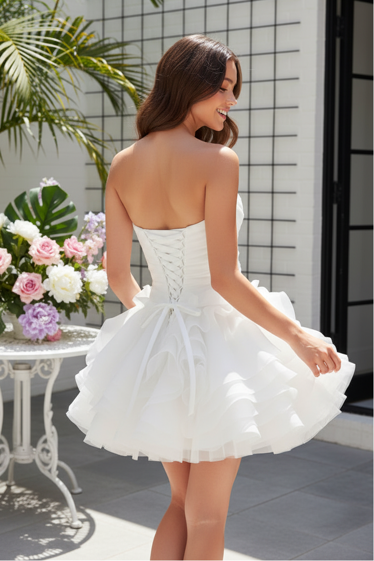 Strapless Ruched Mini Dress with Rosette Ruffle Skirt