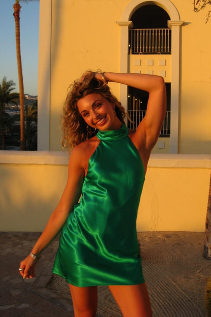 Satin Halter Neck Backless Mini Dress