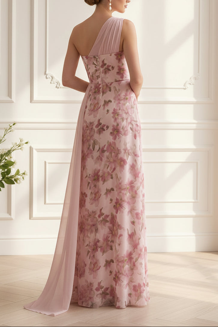 One-Shoulder Floral Print Evening Gown with Drape
