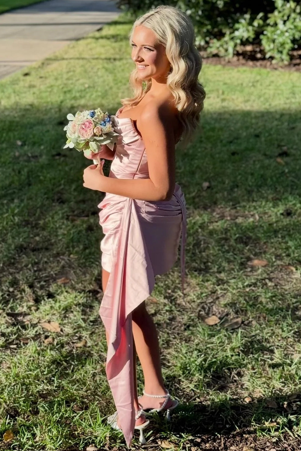 Strapless Cowl Neck Satin Mini Dress with Side Train