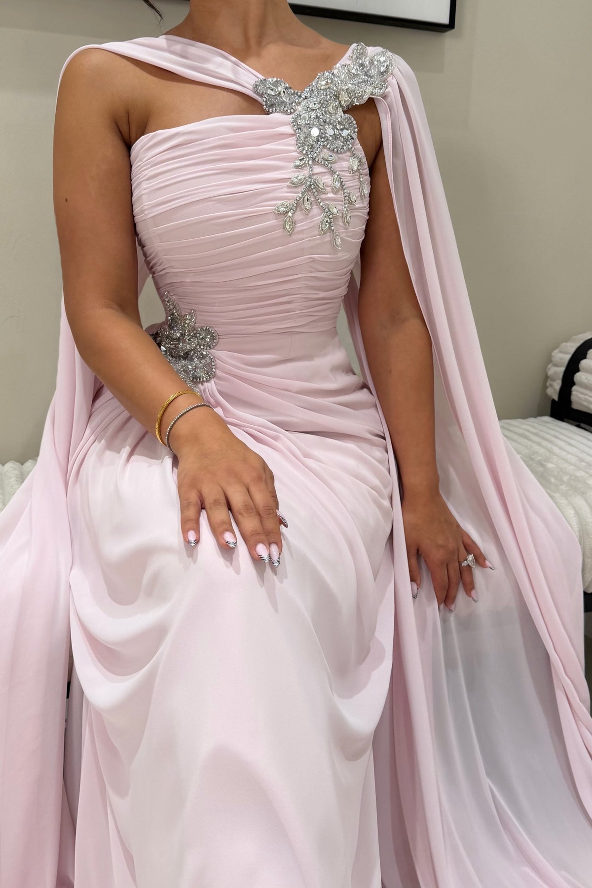 Ruched Evening Gown with Cape and Embellishments