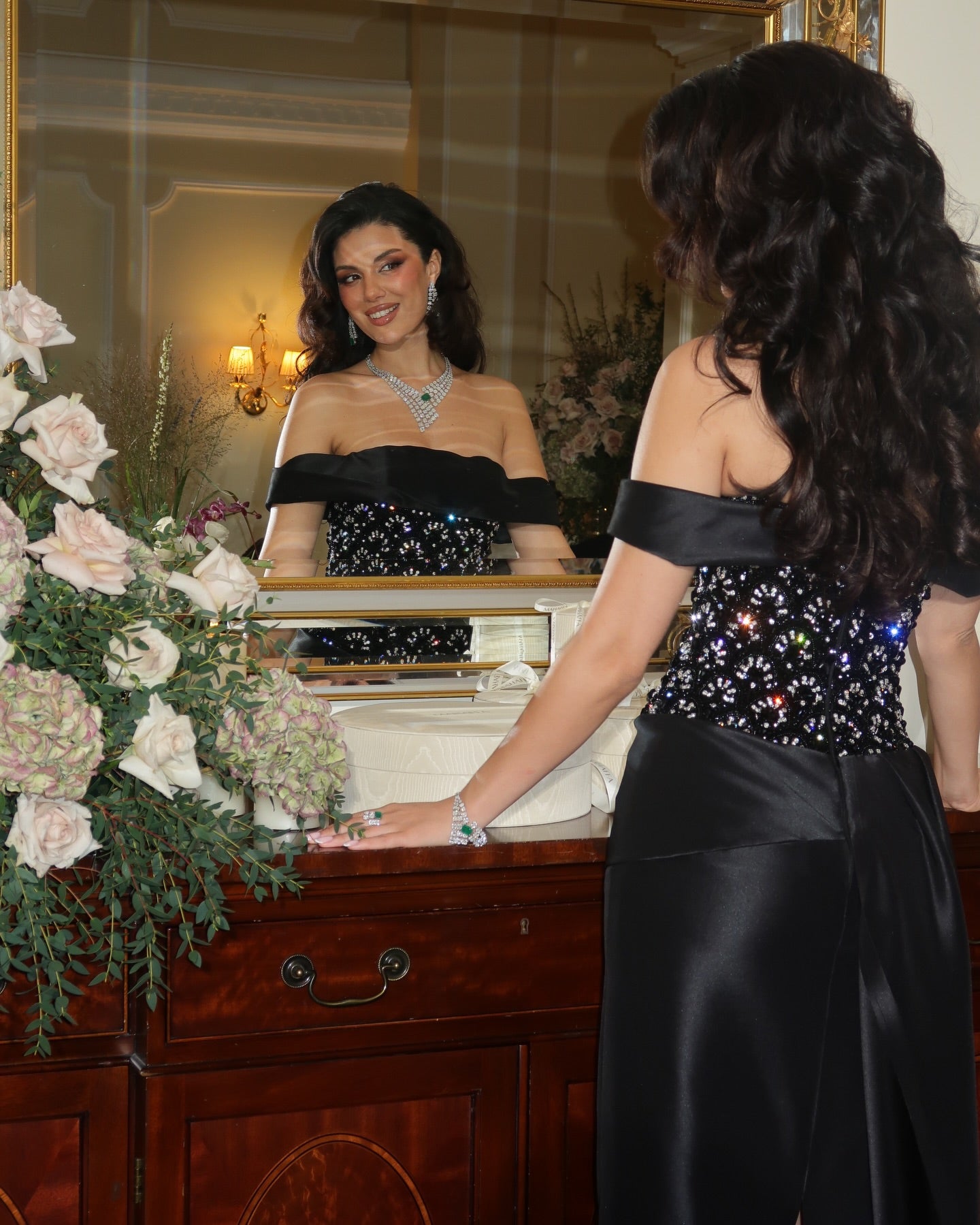 Off-the-Shoulder Beaded Satin Evening Gown