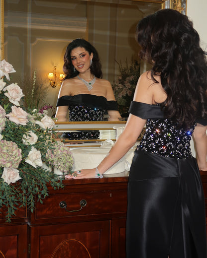 Off-the-Shoulder Beaded Satin Evening Gown