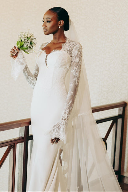 Mermaid Wedding Dress with Long Lace Bell Sleeves