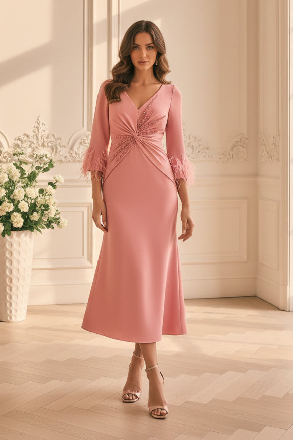 V-Neck Midi Dress with Feather Cuffs & Beading