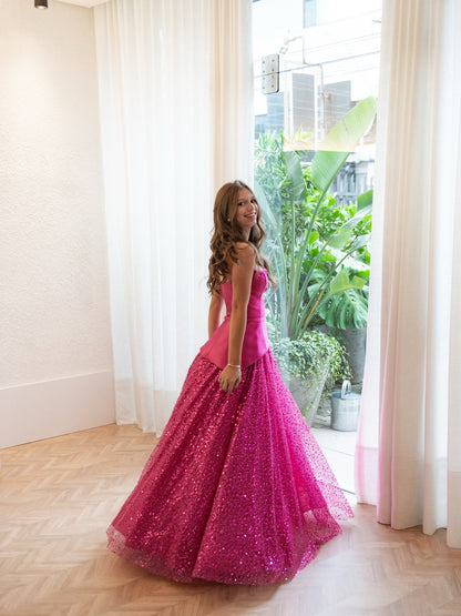 Strapless Peplum Ball Gown with Sequin Skirt