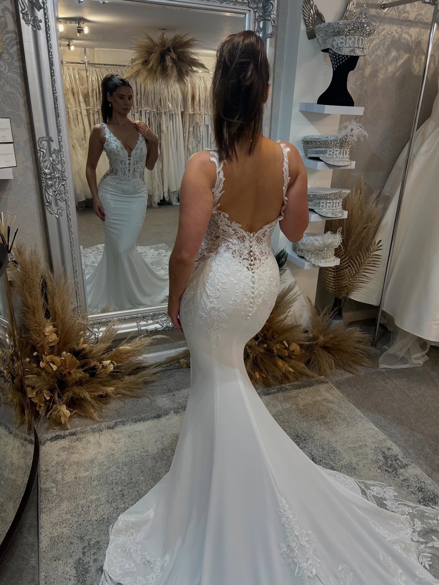 Plunging Deep V-Neck Mermaid Wedding Dress with Lace Train