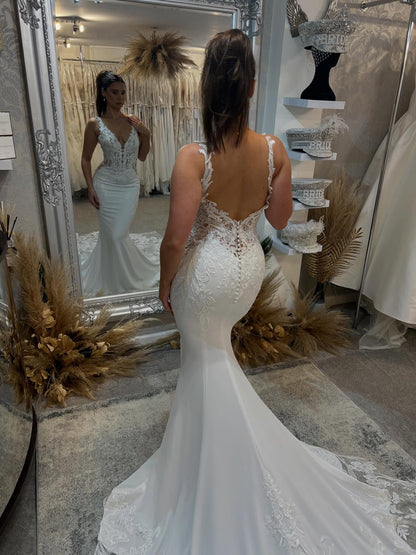 Plunging Deep V-Neck Mermaid Wedding Dress with Lace Train