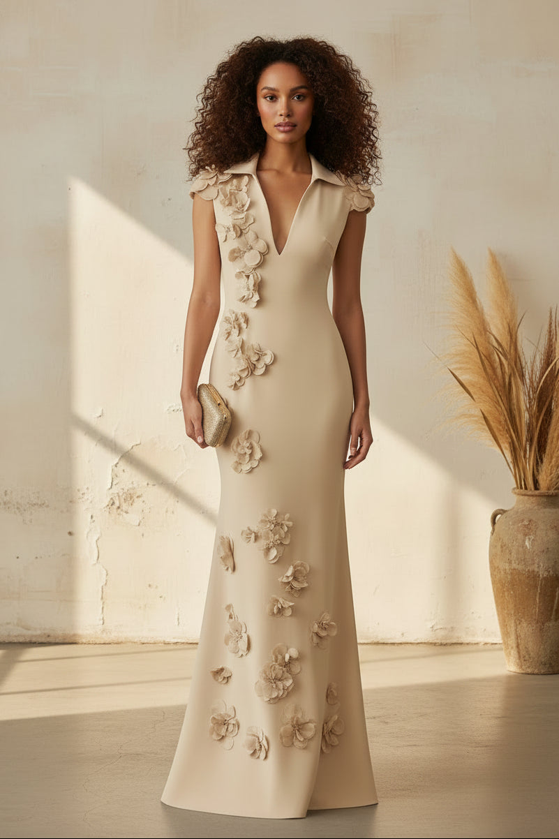 Collared V-Neck Mermaid Evening Gown with 3D Flowers