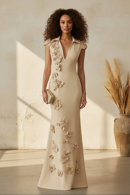 Collared V-Neck Mermaid Evening Gown with 3D Flowers