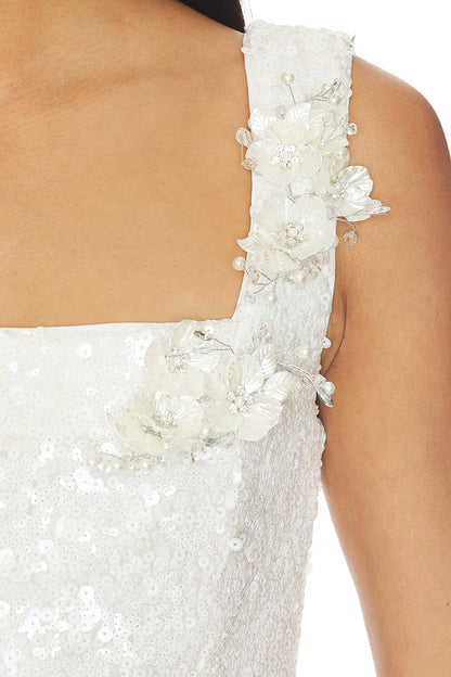 Square Neck Sequin Mini Dress with 3D Flowers