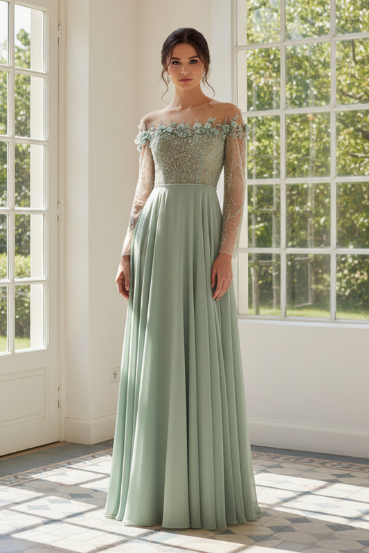 Illusion Long Sleeve A-Line Chiffon Evening Gown
