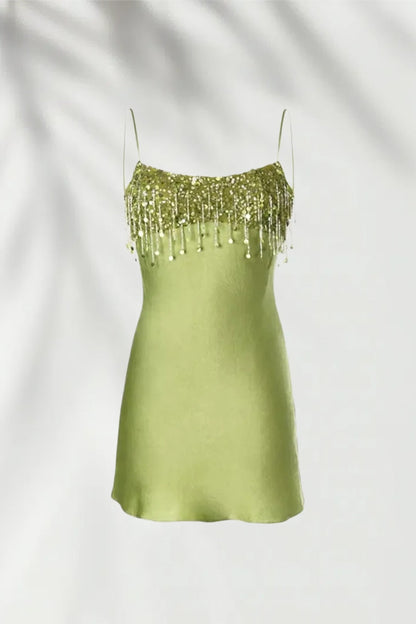Sequin Fringe Satin Slip Mini Dress