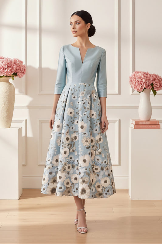 Floral Print Tea-Length Dress with 3/4 Sleeves