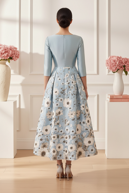 Floral Print Tea-Length Dress with 3/4 Sleeves