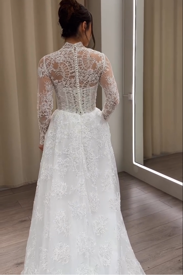 Lace High-Neck Wedding Dress with Long Sleeves
