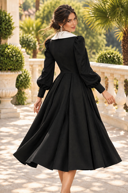 Collared Midi Dress with Long Bishop Sleeves