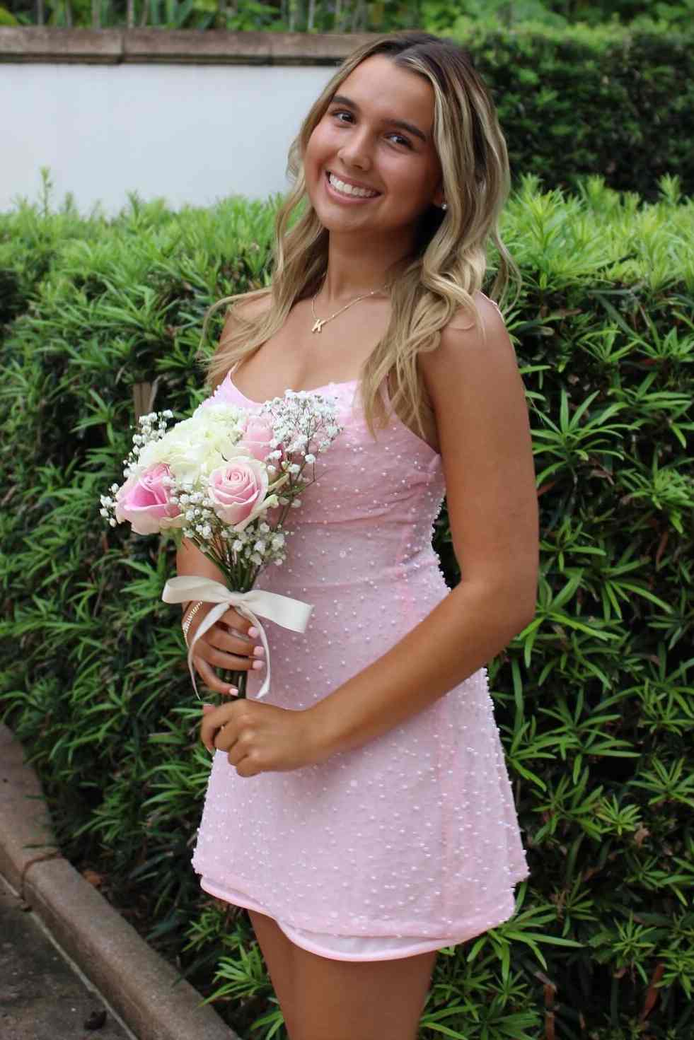 Pearl-Embellished Spaghetti Strap Mini A-Line Dress