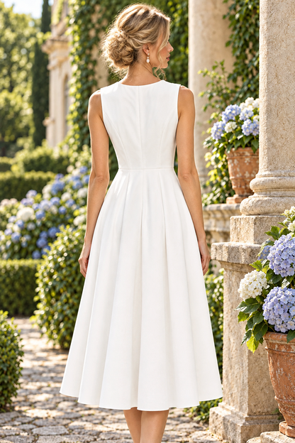 Sleeveless Pleated Bodice Midi A-Line Dress