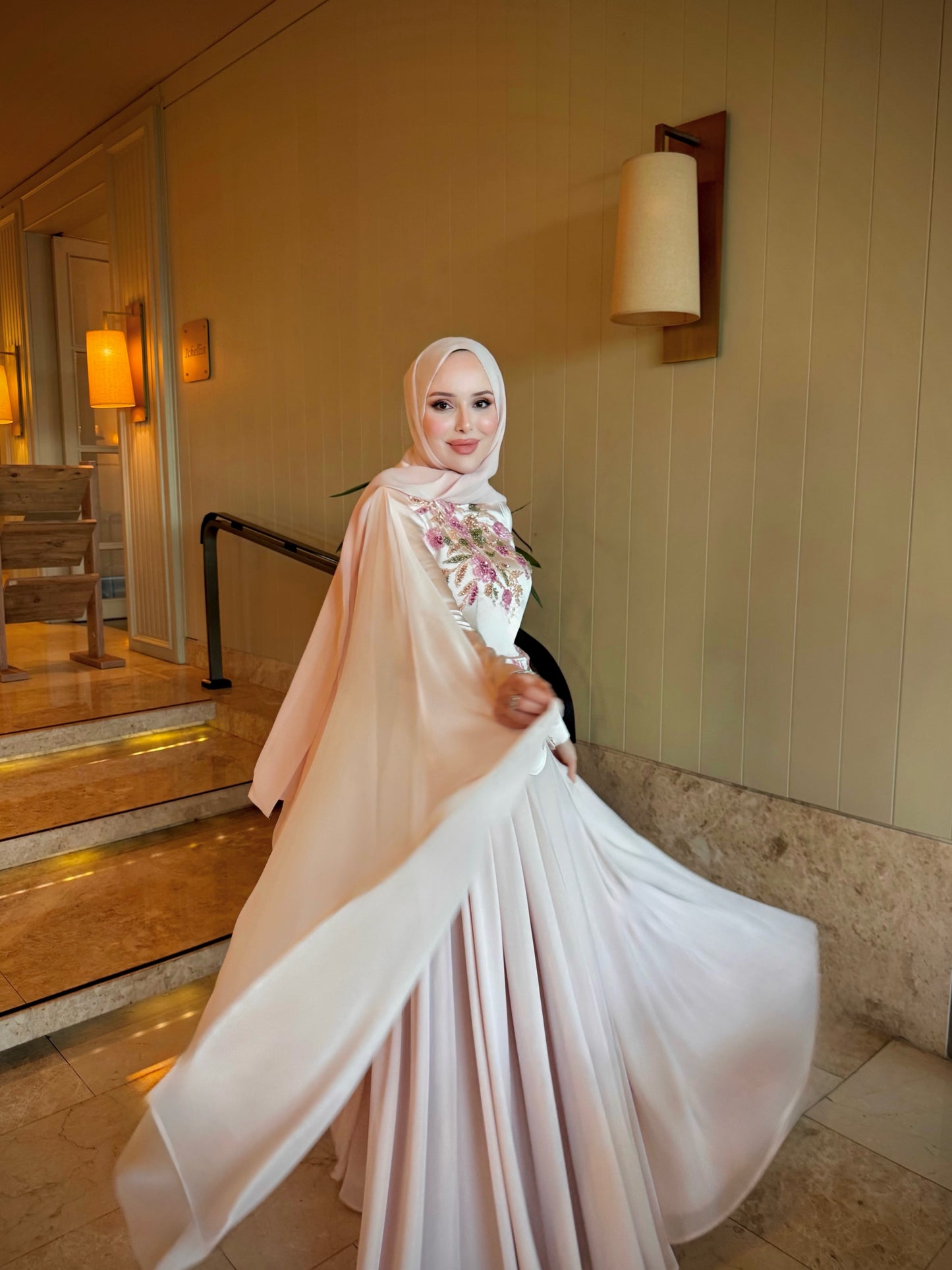 Embroidered Long Sleeve Evening Gown with Cape