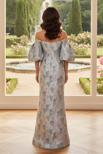 Off-the-Shoulder Floral Jacquard Column Gown