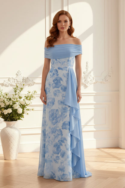 Off-the-Shoulder Floral Print Chiffon Gown