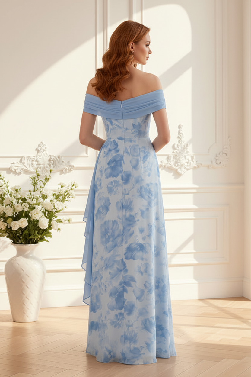 Off-the-Shoulder Floral Print Chiffon Gown