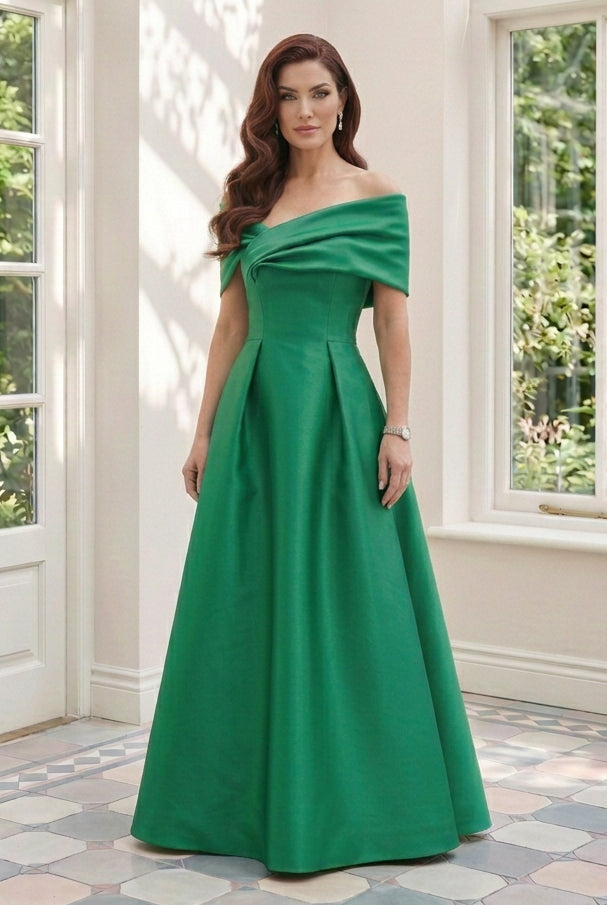 Off-the-Shoulder Pleated Satin A-Line Gown with Pockets