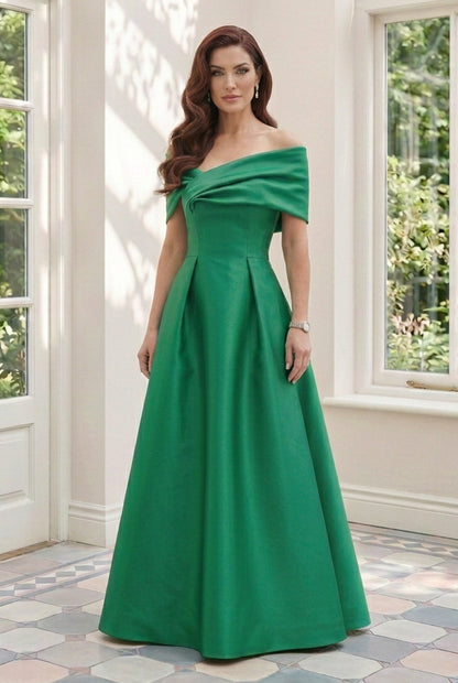 Off-the-Shoulder Pleated Satin A-Line Gown with Pockets