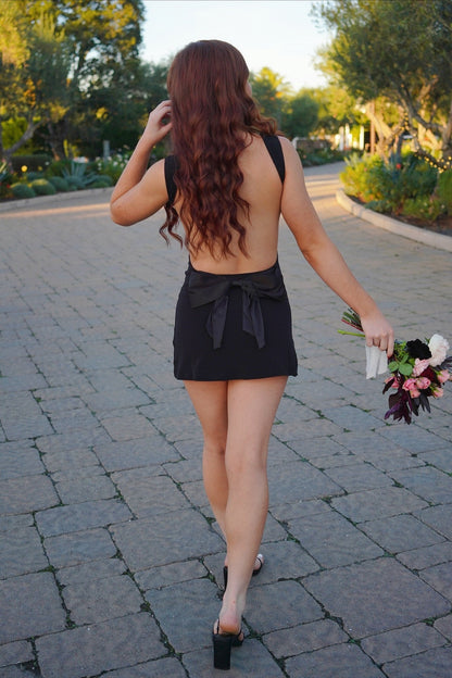 Backless Square Neck Mini Dress with Bow