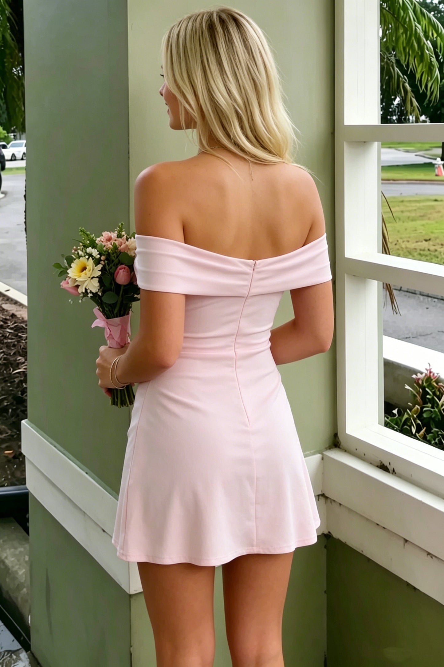 Off-the-Shoulder Mini Dress with Side Slit