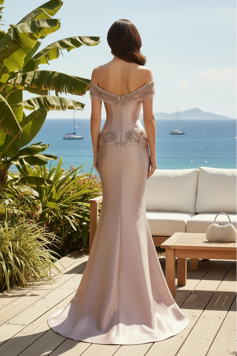 Off-the-Shoulder Beaded Satin Mermaid Gown