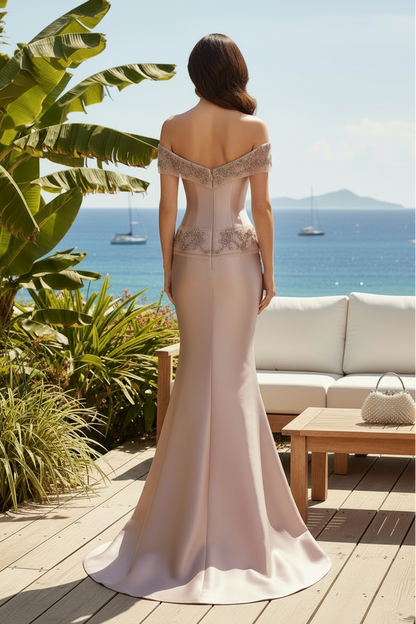 Off-the-Shoulder Beaded Satin Mermaid Gown