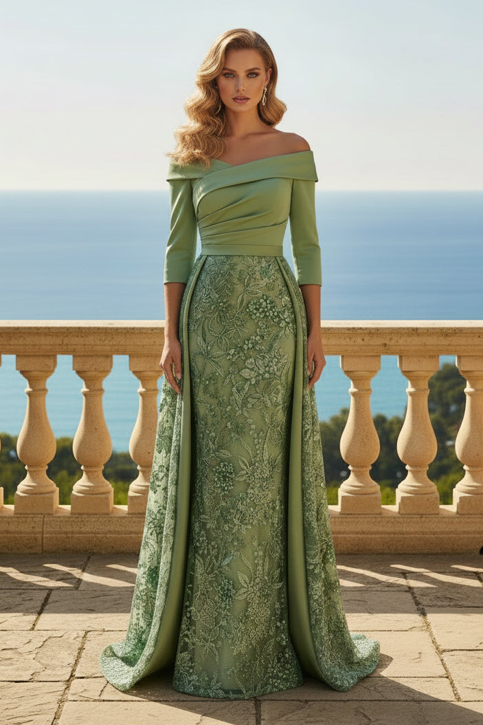 Off-the-Shoulder Embroidered Lace Gown with Train