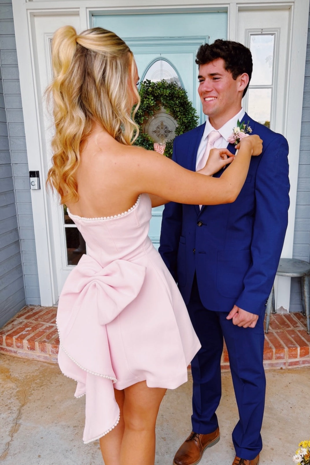 Strapless Pearl Trim Satin Mini Dress with Back Bow