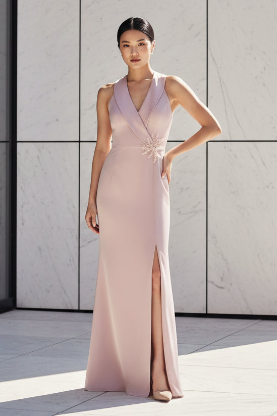 Sleeveless Halter Neck Satin Crepe Gown with High Slit