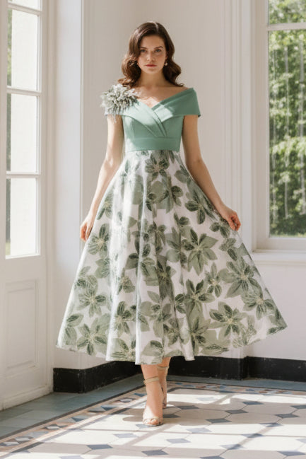Off Shoulder Floral Midi Dress with Fascinator