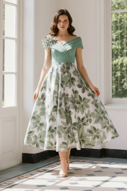 Off Shoulder Floral Midi Dress with Fascinator