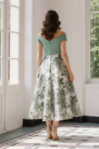 Off Shoulder Floral Midi Dress with Fascinator