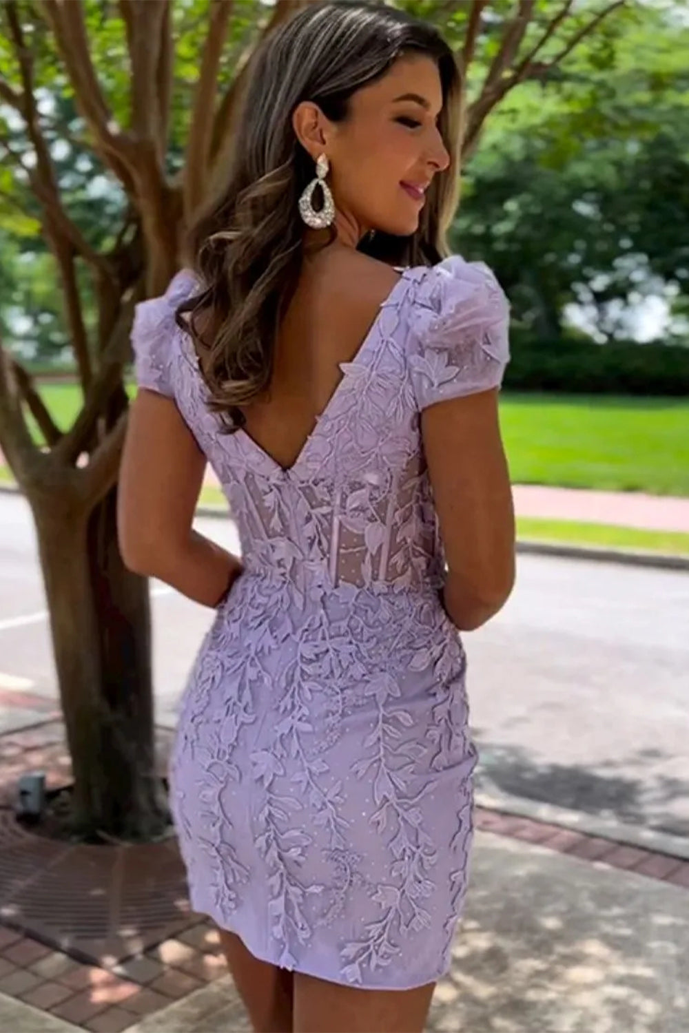 Floral Lace Square Neck Mini Dress with Cap Sleeves