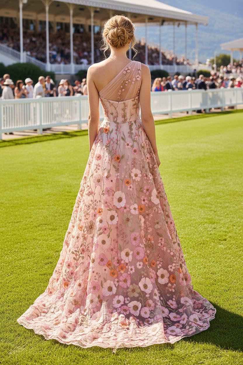 One-Shoulder Floral 3D Applique Gown with Pockets