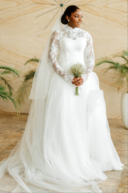 High Neck Lace Long Sleeve Ball Gown Wedding Dress