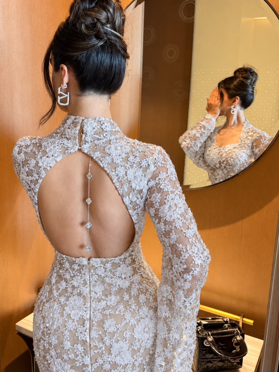 Lace Bell Sleeve Evening Dress with Cut-Out Back
