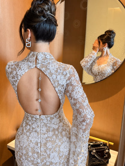 Lace Bell Sleeve Evening Dress with Cut-Out Back
